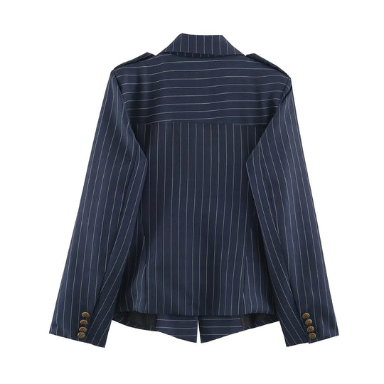 Damen taillierter Doppelreiher-Nadelstreifenblazer mit Schulterklappen Shop Nory