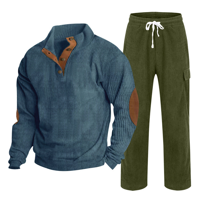 Herren Gemütliches Freizeit-Set aus Waffelstrick-Henley mit Ellenbogenpatch und Relax-Cargo-Hose Shop Nory