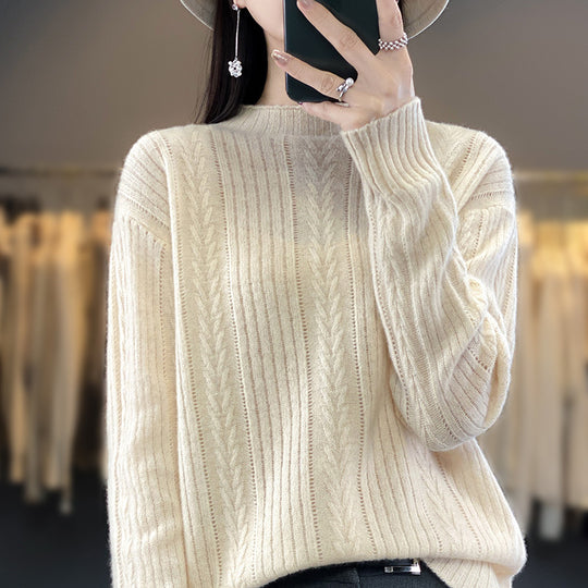 Damen Kaschmirähnlicher Feinstrick-Mockneckpullover mit Ajour‑Zopfmuster und lässiger Oversize‑Passform Shop Nory