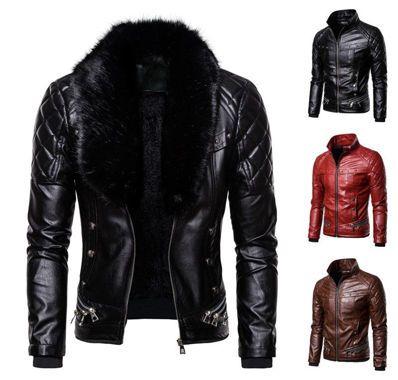 Herren Bikerjacke mit Kunstfellkragen und gesteppten Details