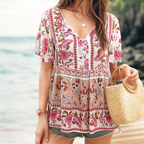 Damen Tunika mit V-Ausschnitt und floralem Patchwork-Design Shopnory
