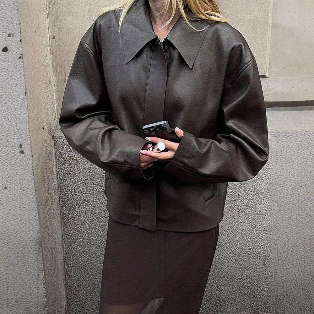 Damen Cropped Boxy Jacke aus Lederimitat mit übergroßem Kragen und verdeckter Reißverschlussleiste Shop Nory