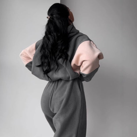 Damen kuscheliges Hoodie-Set mit kontrastärmel, elastischer High-Waist-Jogginghose und überschnittener Kapuze Shop Nory