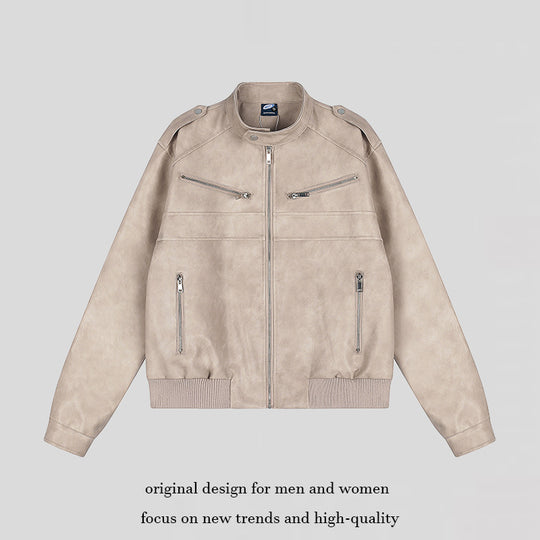 Damen kurz geschnittene Kunstleder‑Bomberjacke mit Stehkragen, Schulterklappen und geripptem Saum Shop Nory
