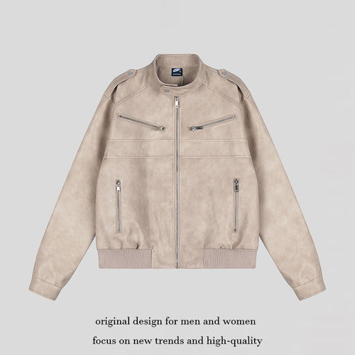 Damen kurz geschnittene Kunstleder‑Bomberjacke mit Stehkragen, Schulterklappen und geripptem Saum Shop Nory