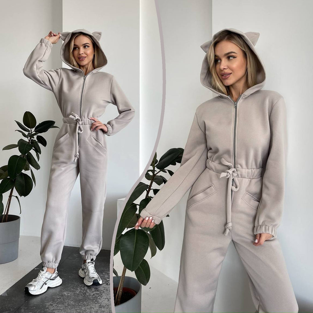 Damen Kuscheliger Kapuzen-Overall mit Katzenohren und Taillenzug Shop Nory