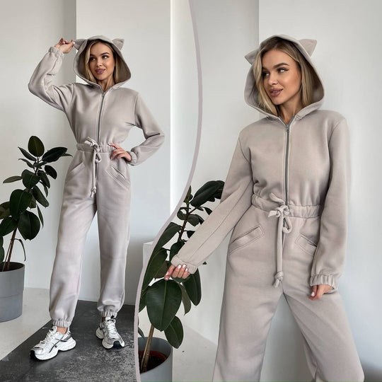 Damen Kuscheliger Kapuzen-Overall mit Katzenohren und Taillenzug Shop Nory