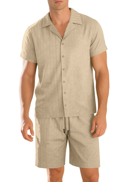 Herren nan Rippenstrick Lounge-Set mit Reverskragen Kurzarmhemd und Komfort-Bermuda Shopnory