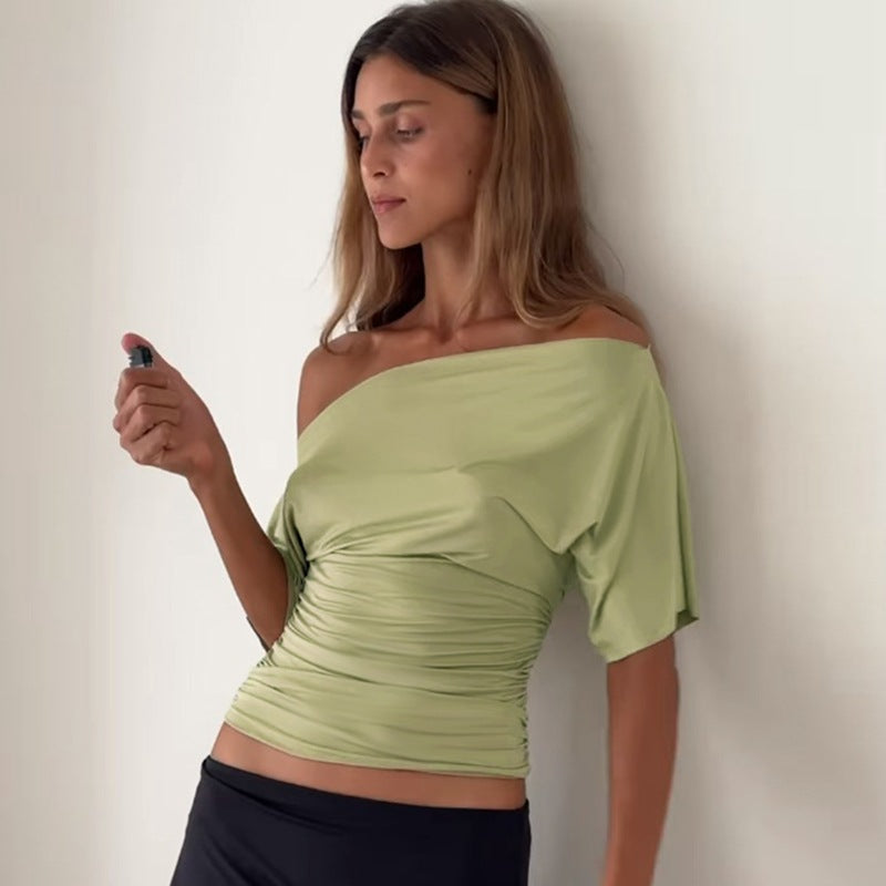 Damen Oberteil mit asymmetrischem Ausschnitt und Raffung Shopnory