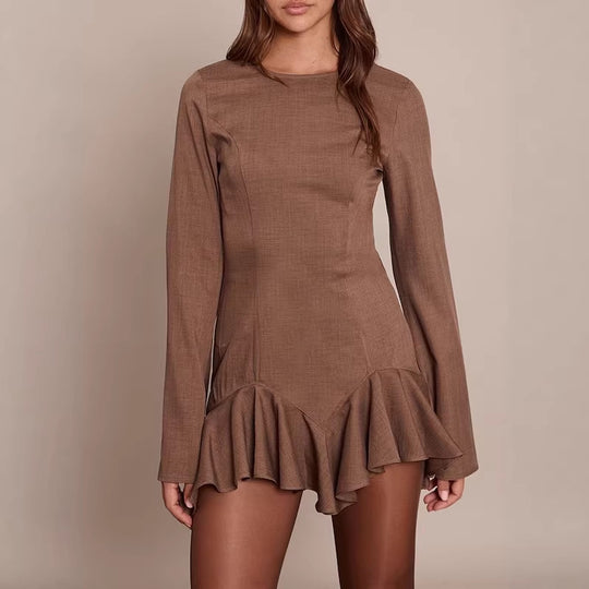 Damen Figurbetontes Langarm-Minikleid mit taillierten Nähten und Volant-Saum Shop Nory