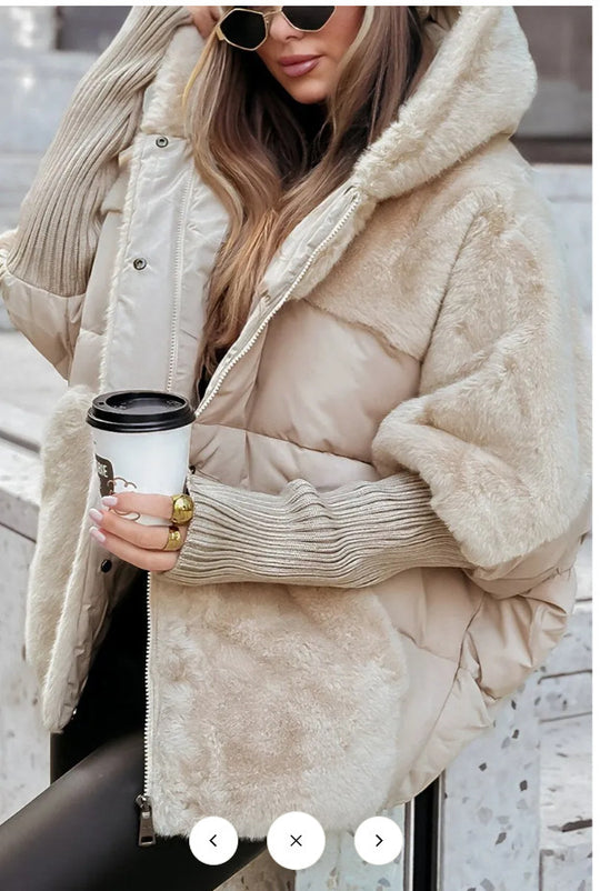 Damen nan oversized gesteppte Winterjacke mit Kunstfellpanelen, Kapuze und integrierten Rippenärmel-Details Shop Nory