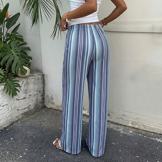 Damen leichte gestreifte Leinen-Blend Loungehose mit weitem Bein und Kordelzug Shop Nory
