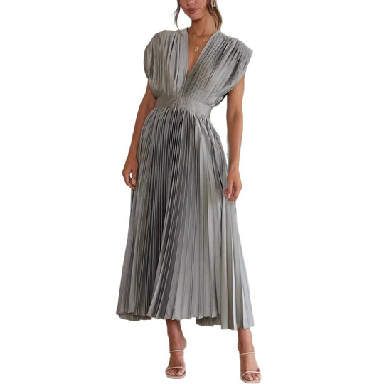 Damen Plissiertes Midikleid mit tiefem V-Ausschnitt und Taillengürtel Shop Nory
