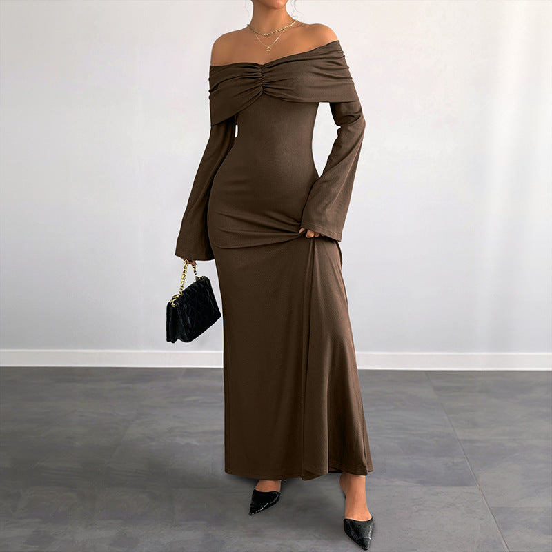 Damen Off-Shoulder Maxikleid mit geraffter Brustpartie und schmaler A‑Linie Shop Nory