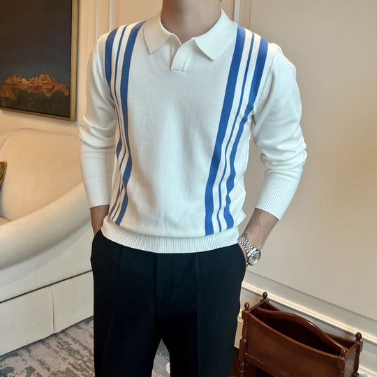Herren Polokragen-Strickpullover mit markanten Längsstreifen und schmaler Passform Shop Nory
