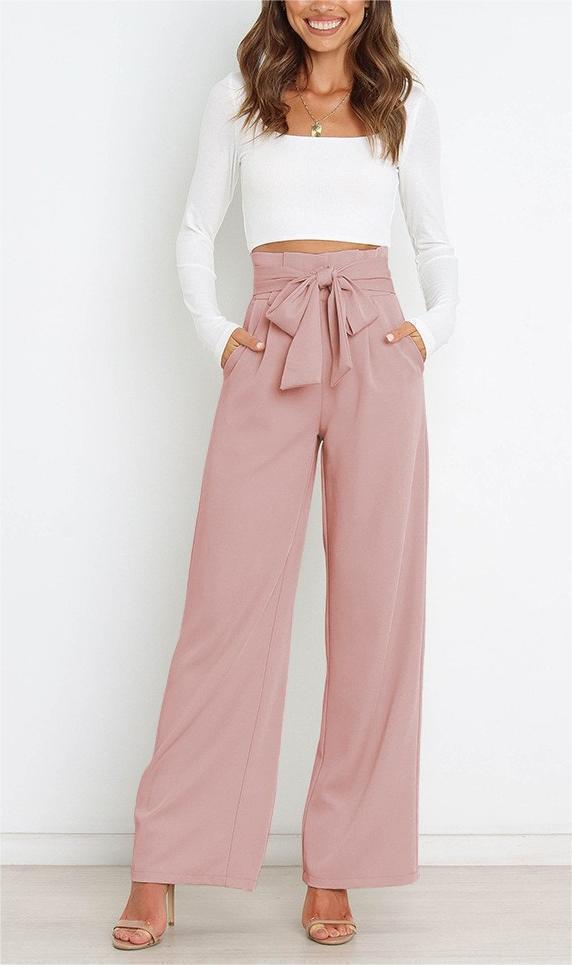 Damen Weit geschnittene High-Waist-Hose mit Binde-Gürtel und Taschen