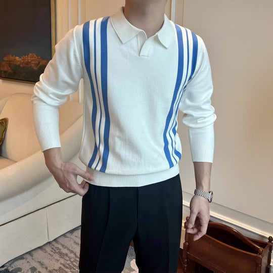 Herren Polokragen-Strickpullover mit markanten Längsstreifen und schmaler Passform Shop Nory