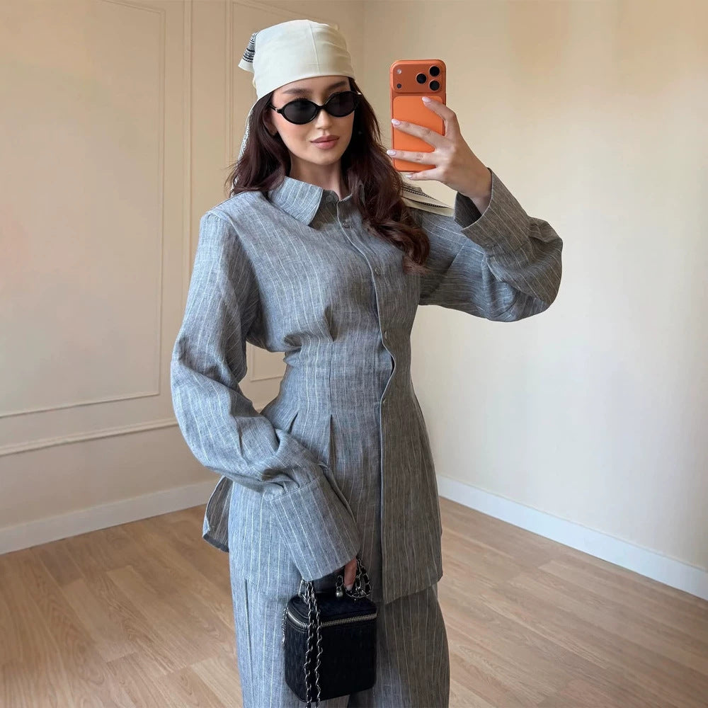 Damen Leichtes Leinen-Loungewear-Set mit Oversize-Hemd und weiter Bundhose Shop Nory