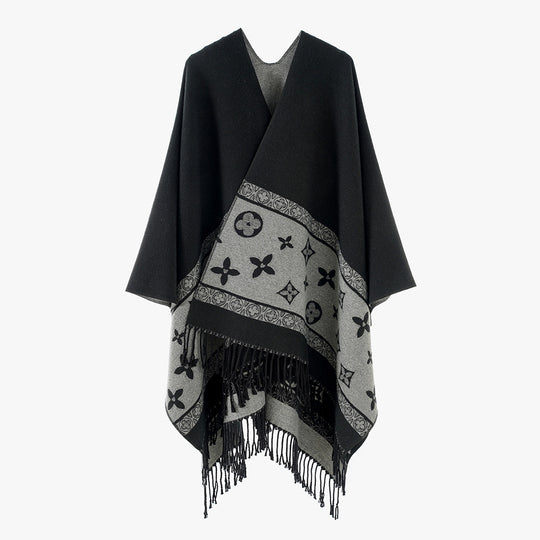 Damen Oversize‑Rechteckponcho aus Wollmix mit eingewebter Jacquardbordüre und Fransensaum Shop Nory
