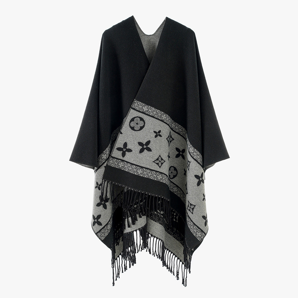 Damen Schlichter Capeponcho aus Wollmischung mit eingewebter Jacquardbordüre und Fransen Shop Nory