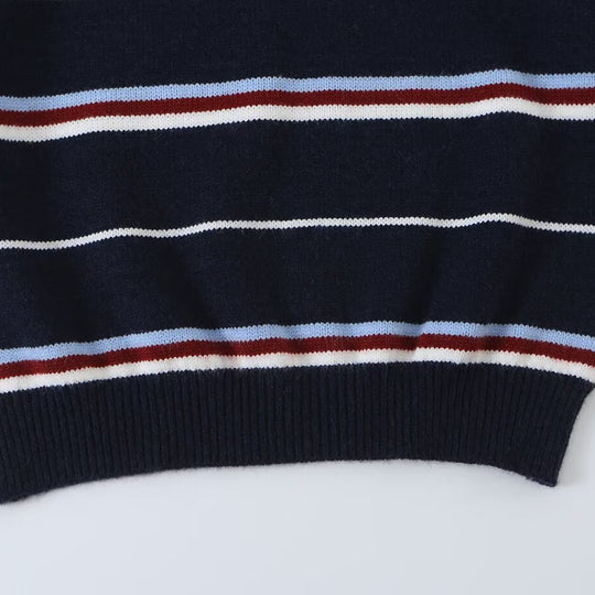 Damen Gestreifter Strickpolopullover mit kurzer Knopfleiste und Rippbündchen Shop Nory