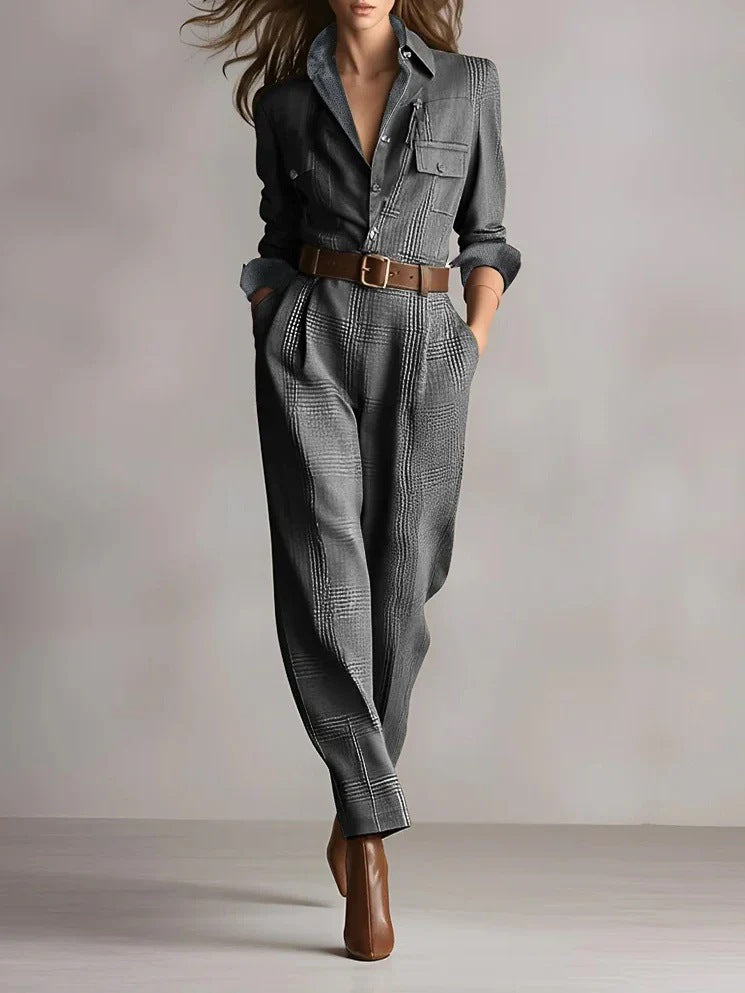 Damen kariertes tailliertes Overall mit Hemdkragen, Taillengürtel und Seitentaschen Shop Nory