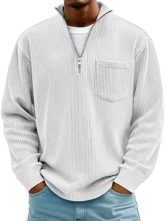 Herren Rippstrickpullover mit kurzem Reißverschluss und Brusttasche EB
