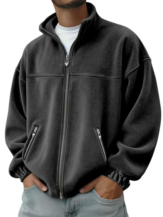 Herren Oversize Fleecejacke mit Stehkragen, durchgehendem Reißverschluss und Reißverschlusstaschen EB