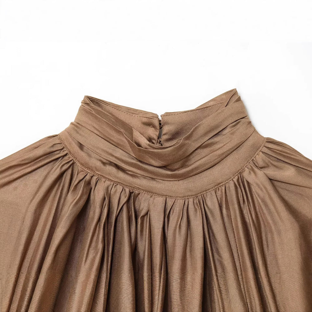 Damen Plissierte Satinbluse mit Stehkragen und Ballonärmeln Shop Nory