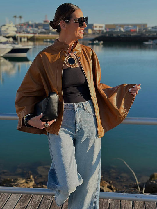Damen Cape-Ärmige Lederjacke mit Stehkragen Shop Nory