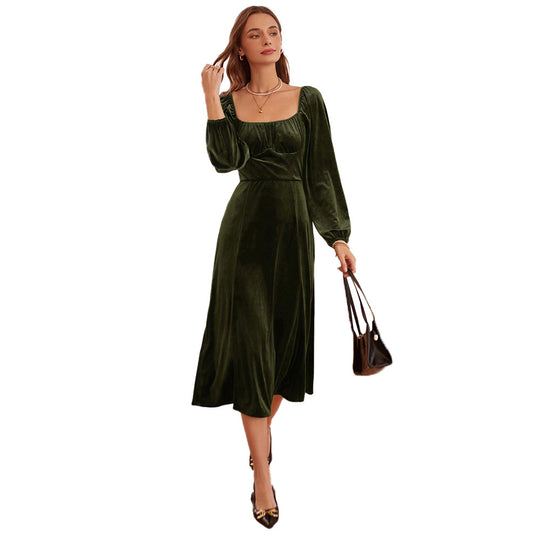 Damen elegantes Samt-Midikleid mit quadratischem Ausschnitt, geraffter Brustpartie und ballonartigen Ärmelabschlüssen Shop Nory