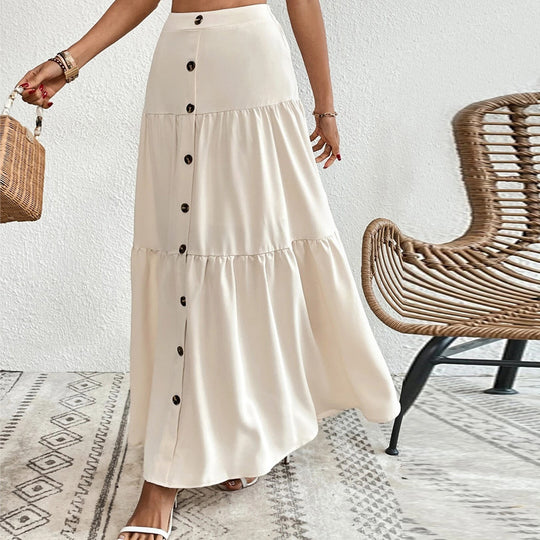 Damen luftiger Stufenmaxirock mit durchgehender Knopfleiste, hoher Taille und seitlichem Beinschlitz Shop Nory
