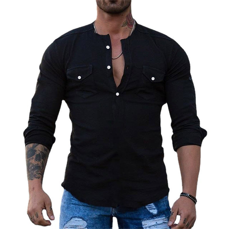 Herren Schmal geschnittenes Henleyshirt mit Brusttaschen und halber Knopfleiste Shop Nory