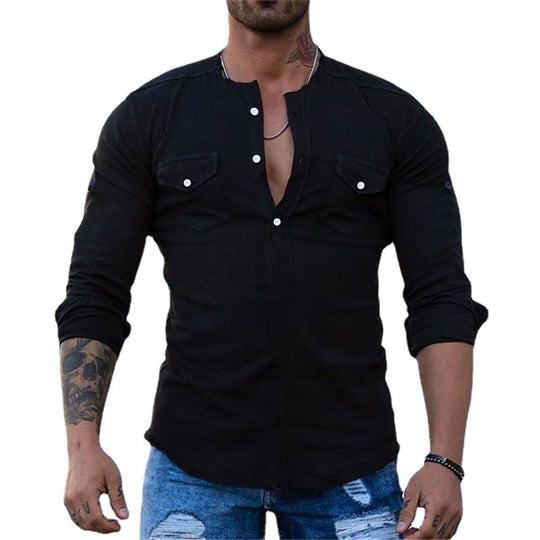 Herren Schmal geschnittenes Henleyshirt mit Brusttaschen und halber Knopfleiste Shop Nory