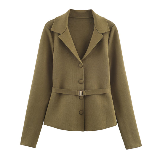 Damen Taillierter Strickblazer mit Reverskragen, verdeckter Knopfleiste und Filigranem Taillengürtel Shop Nory