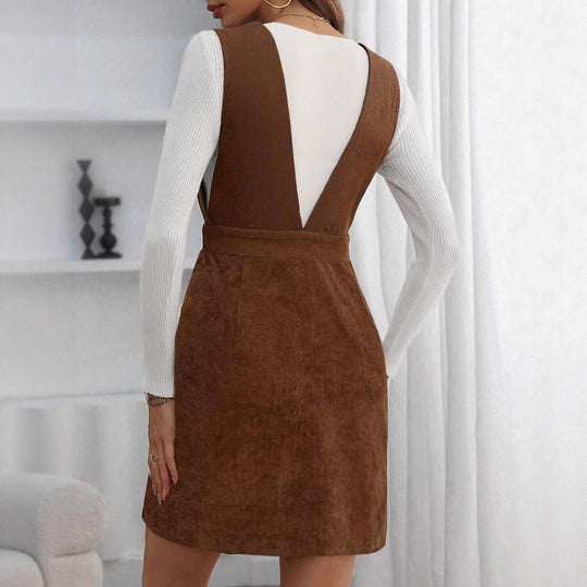 Damen Kord-Latzkleid mit tiefem V‑Ausschnitt, Taillenriegel und A‑Linie Shop Nory