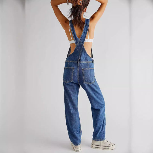 Damen lässige Denim-Latzhose mit praktischen Taschen und verstellbarem Bund Shopnory