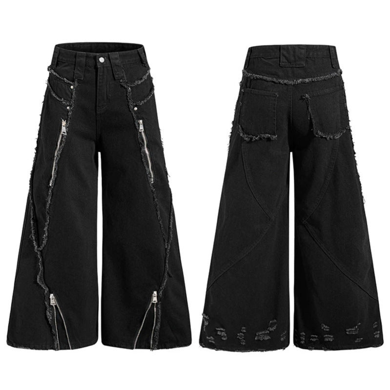 Damen weite Denim-Culotte mit Fransen-Details und Zipper-Akzenten Shop Nory