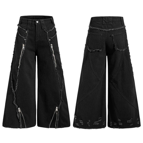 Damen weite Denim-Culotte mit Fransen-Details und Zipper-Akzenten Shop Nory