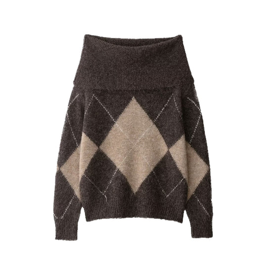 Damen Oversized Strickpullover mit Rollkragen und Rautenmuster Shop Nory