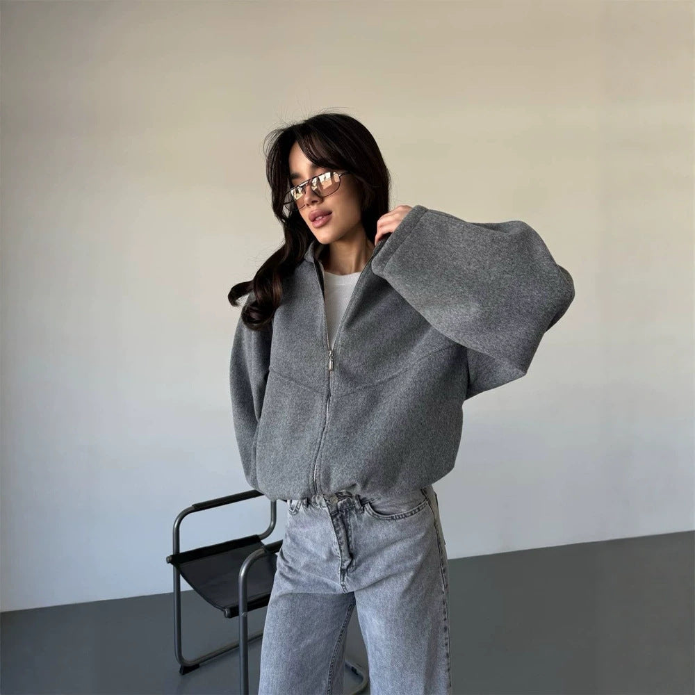 Damen Oversize Kapuzenjacke mit Reißverschluss und Tunnelzugsaum Shop Nory