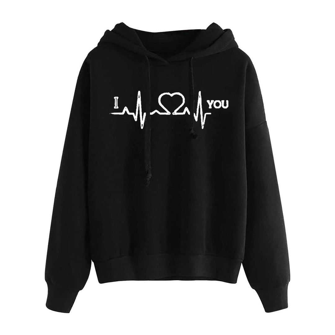 Damen nan leichter Oversize Kapuzenpullover mit Herz‑EKG‑Motiv, langen Kordeln und elastischem Bund Shop Nory