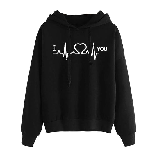 Damen nan leichter Oversize Kapuzenpullover mit Herz‑EKG‑Motiv, langen Kordeln und elastischem Bund Shop Nory