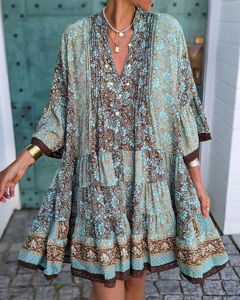 Damen nan luftiges Boho-Stufenkleid mit V-Ausschnitt weiten Fledermausärmeln und Spitzenbordüre Shopnory
