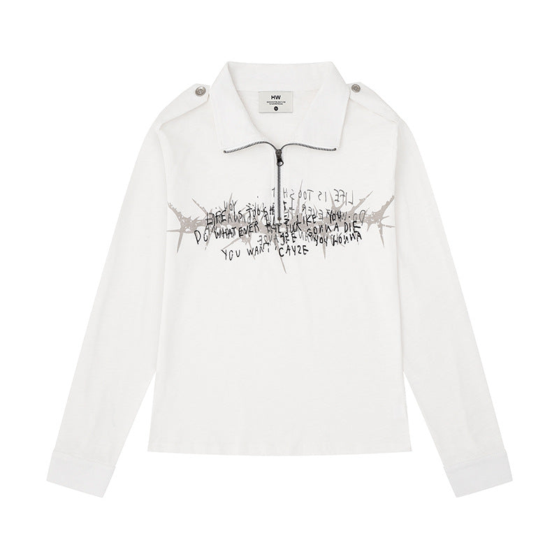 Damen Longsleeve-Poloshirt mit Kurzreißverschluss, Schulterpatten und Statement-Print Shop Nory