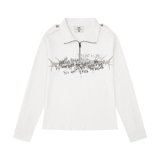 Damen Longsleeve-Poloshirt mit Kurzreißverschluss, Schulterpatten und Statement-Print Shop Nory