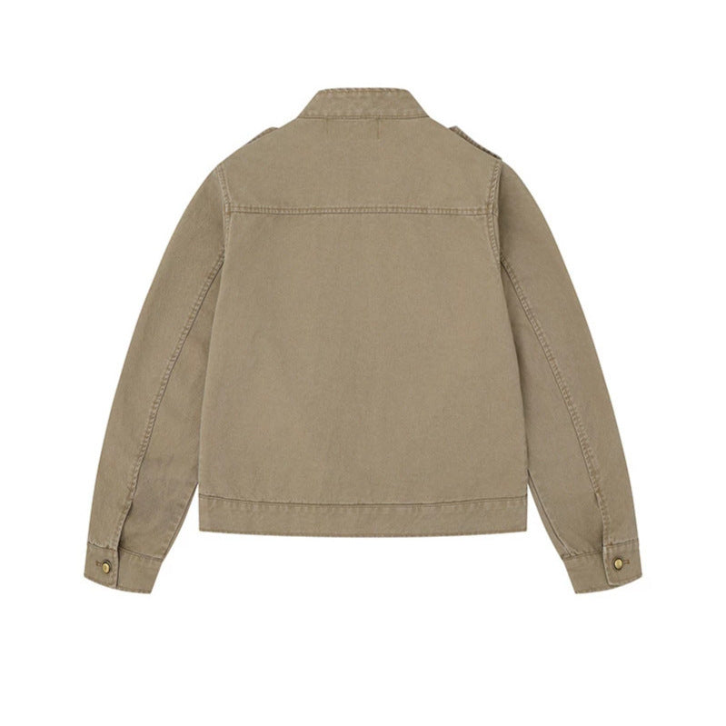 Damen Military-inspirierte Baumwoll-Canvas-Jacke mit Stehkragen, Zierknopfleisten und Schulterpatten Shop Nory