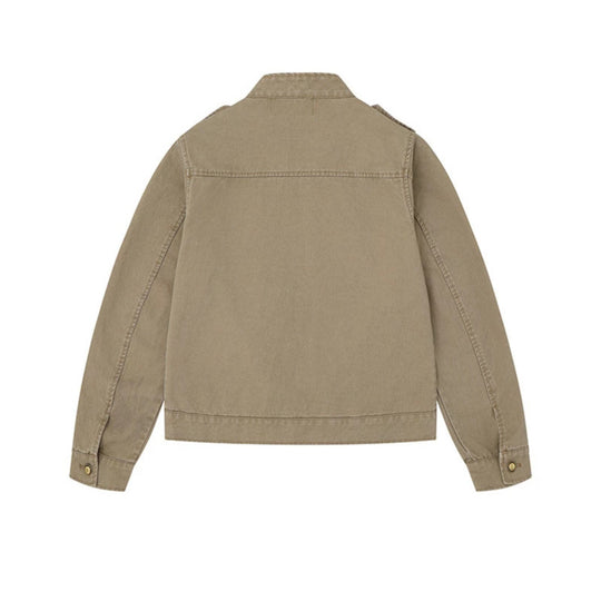 Damen Military-inspirierte Baumwoll-Canvas-Jacke mit Stehkragen, Zierknopfleisten und Schulterpatten Shop Nory
