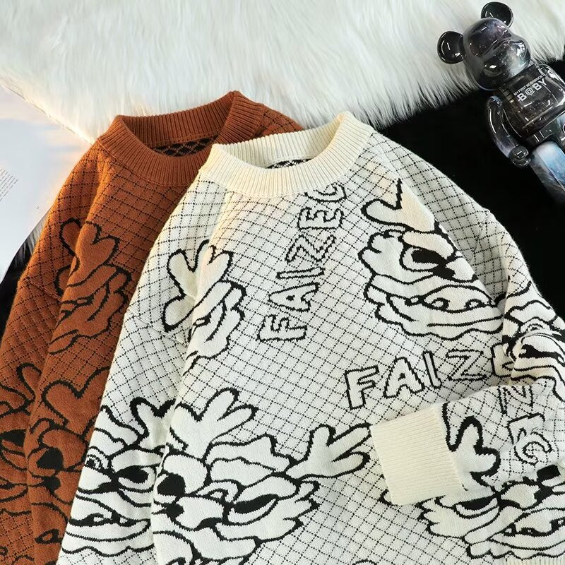 Unisex Oversized Jacquard-Strickpullover mit Allover-Motiv und Rippbündchen Shop Nory