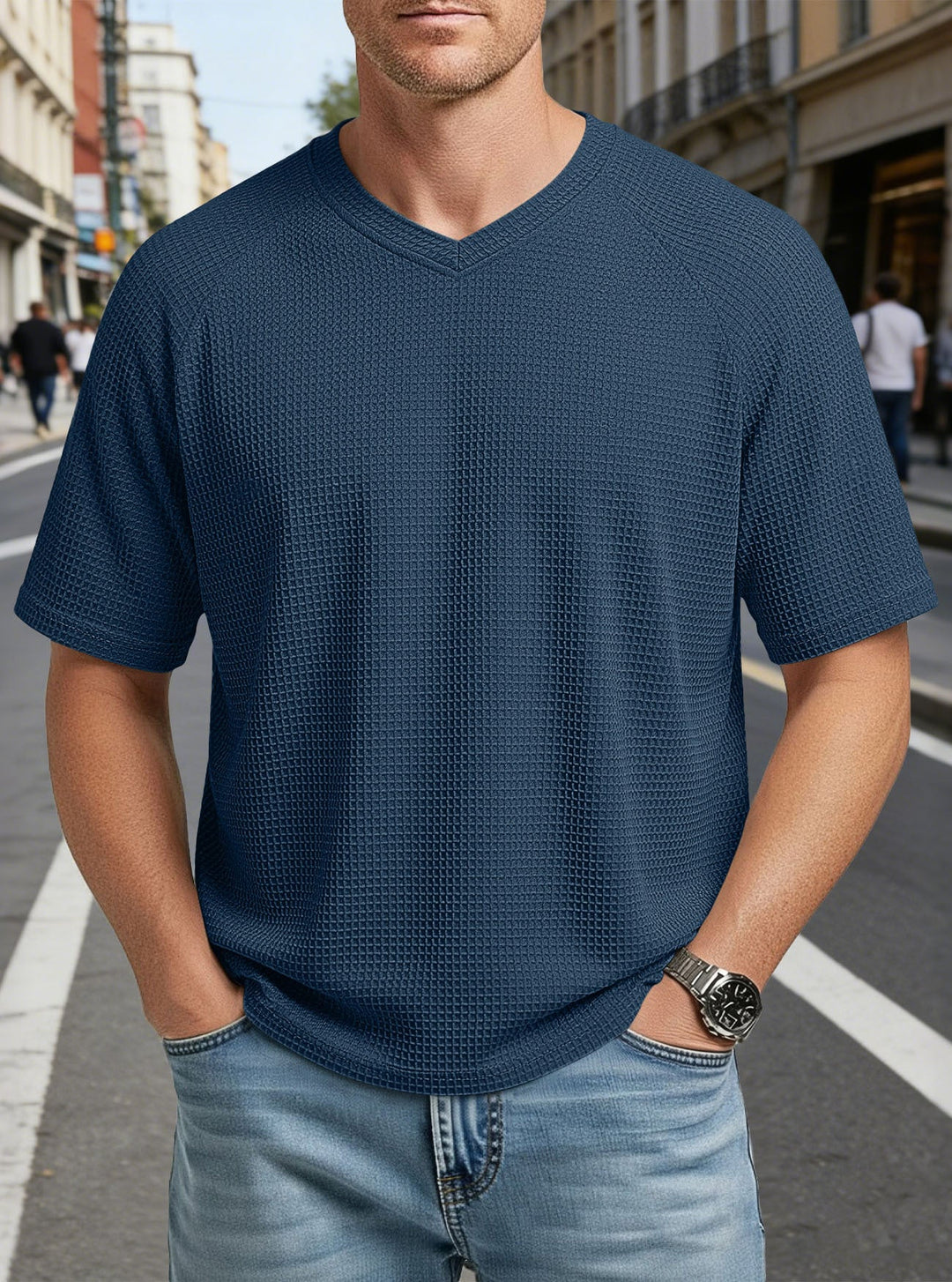 Herren nan lässiges V-Ausschnitt Waffelstrick-T-Shirt aus atmungsaktivem Baumwollmix